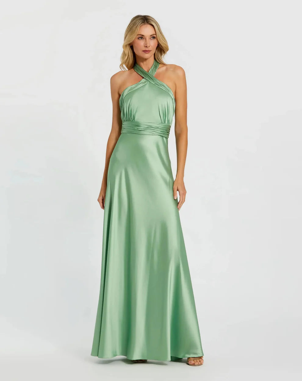 Elegant Satin A-Line Gown Halter Neck Sleeveless Zipper Back Floor-Length Evening Dresses