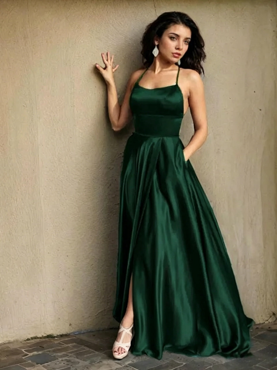 Elegant Satin A-Line Halter-Neck Lace-Up-Back Slit Floor Length Evening Dress