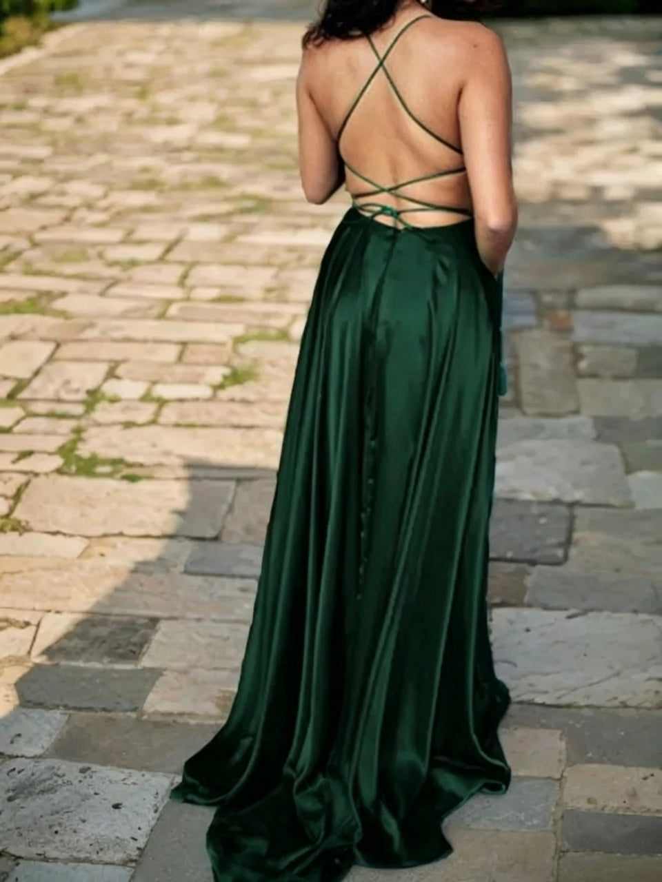 Elegant Satin A-Line Halter-Neck Lace-Up-Back Slit Floor Length Evening Dress