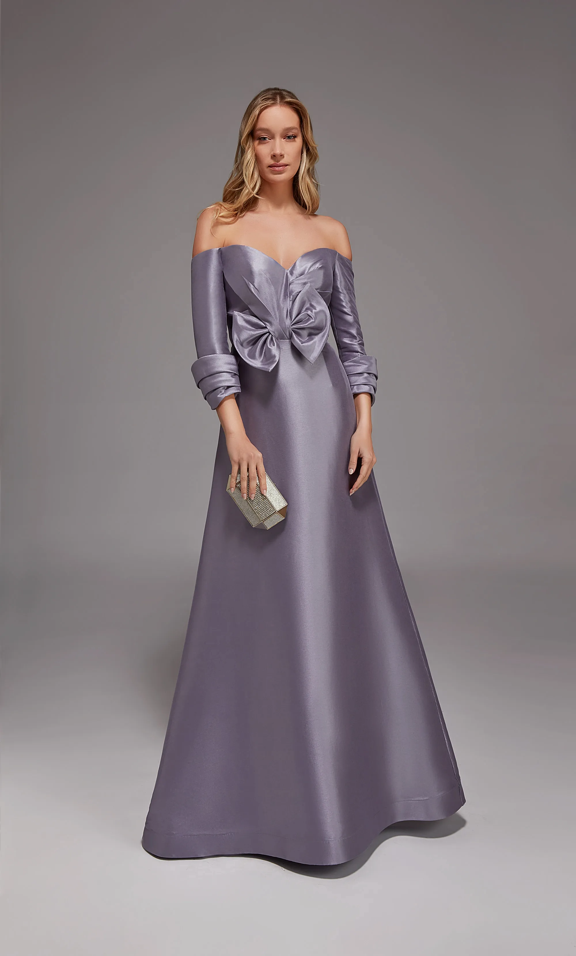 Elegant Satin A-Line Off-the-Shoulder 3/4 Sleeve Bow Detail Floor-Length Mother of the Bride Dresses