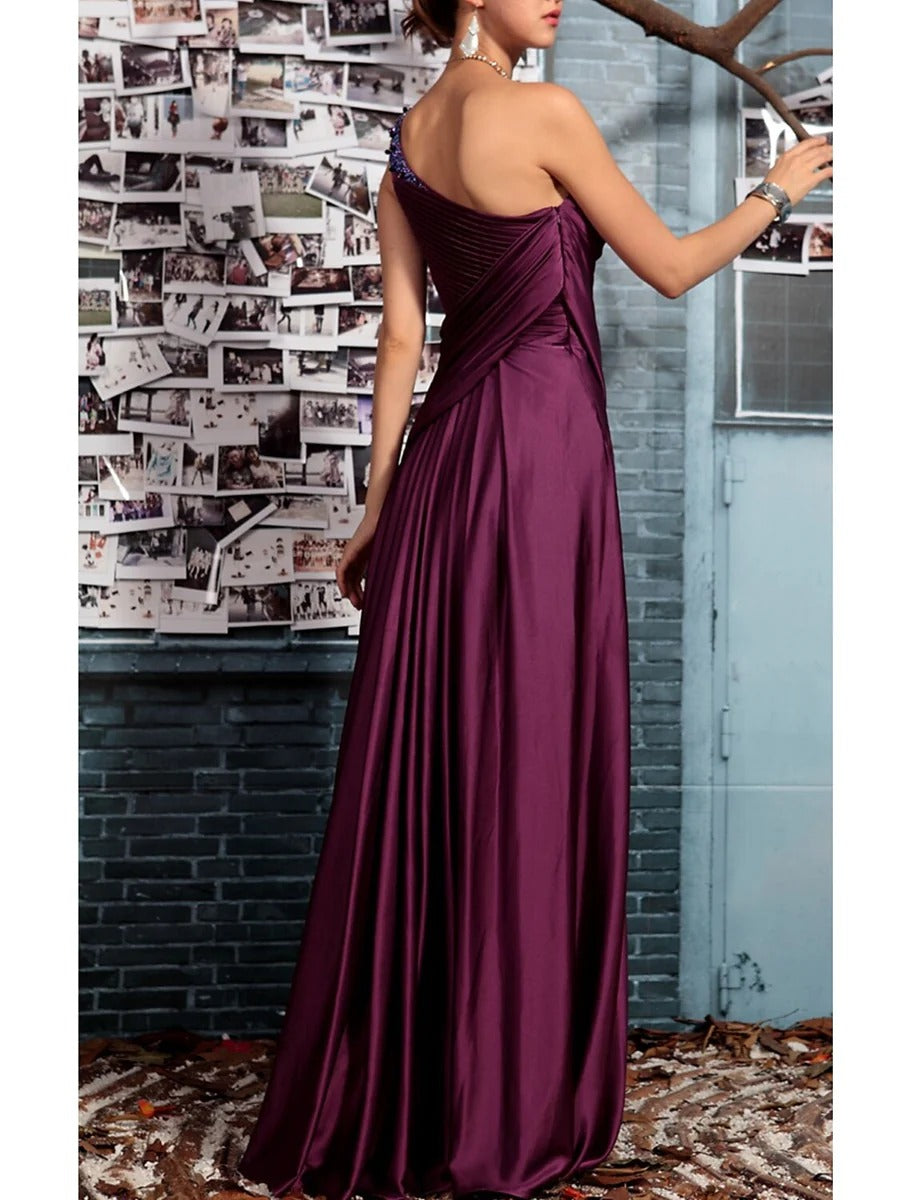Elegant Satin A-Line One-Shoulder Draped Sleeveless Beaded Detail Zipper Back Floor-Length Maxi Formal Mother of the Bride Dresses