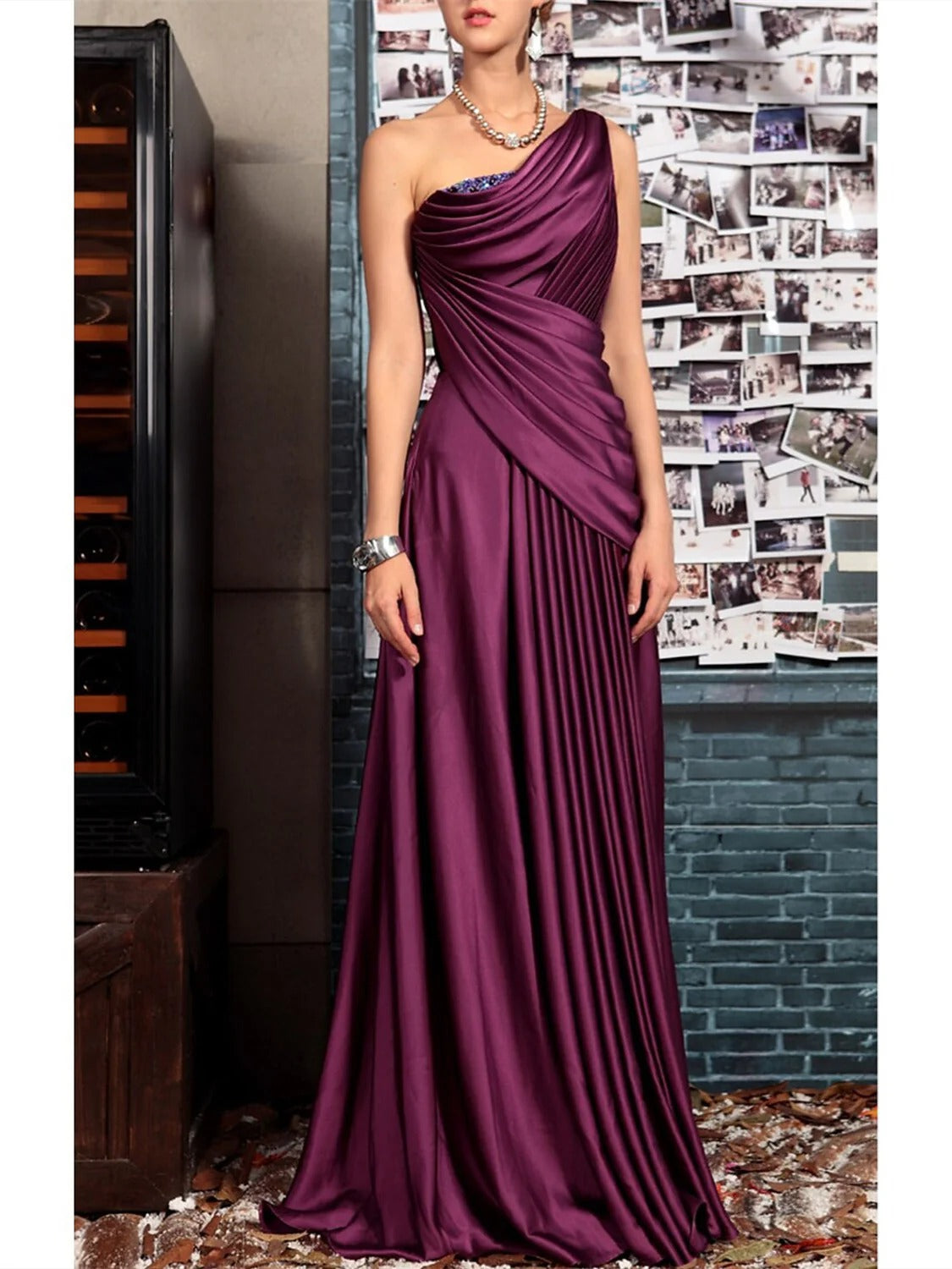 Elegant Satin A-Line One-Shoulder Draped Sleeveless Beaded Detail Zipper Back Floor-Length Maxi Formal Mother of the Bride Dresses