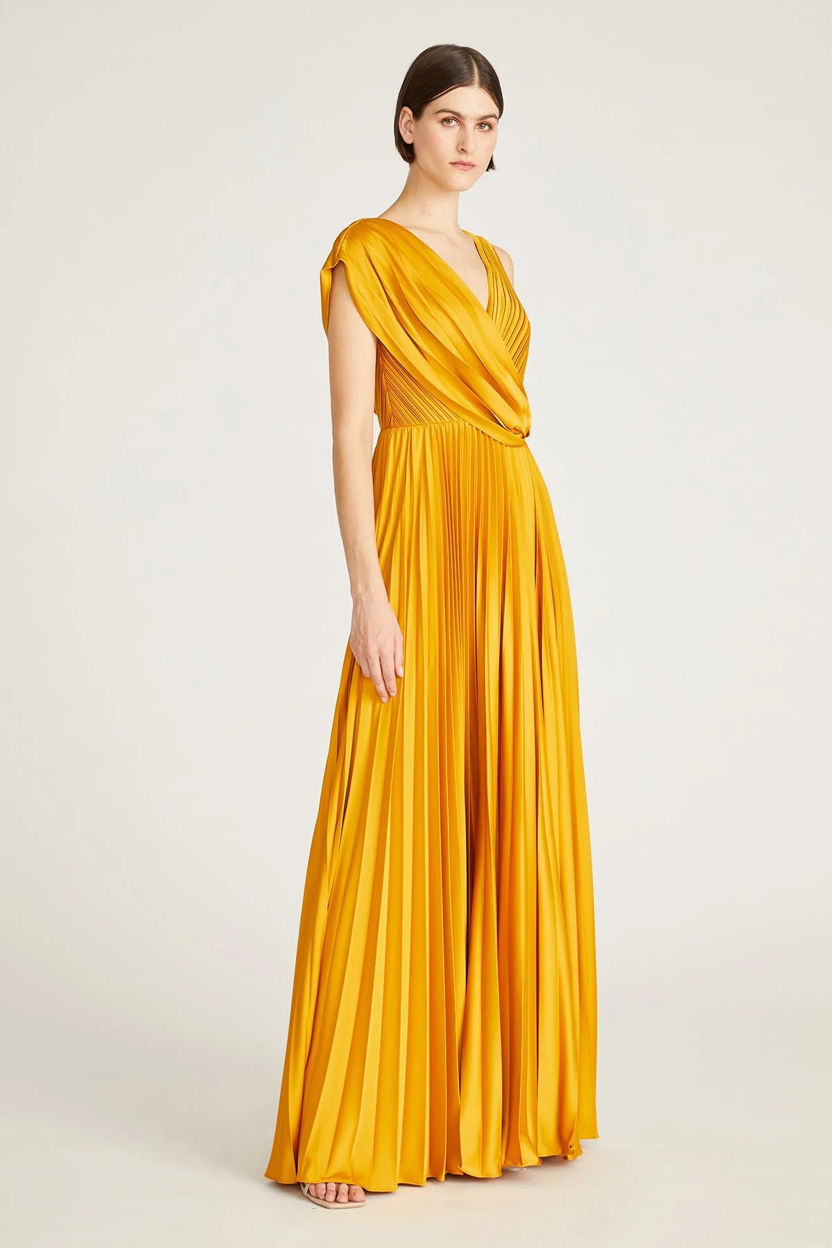 Elegant Satin A-Line V Neck Draped Pleated Floor Length Formal Evening Dress