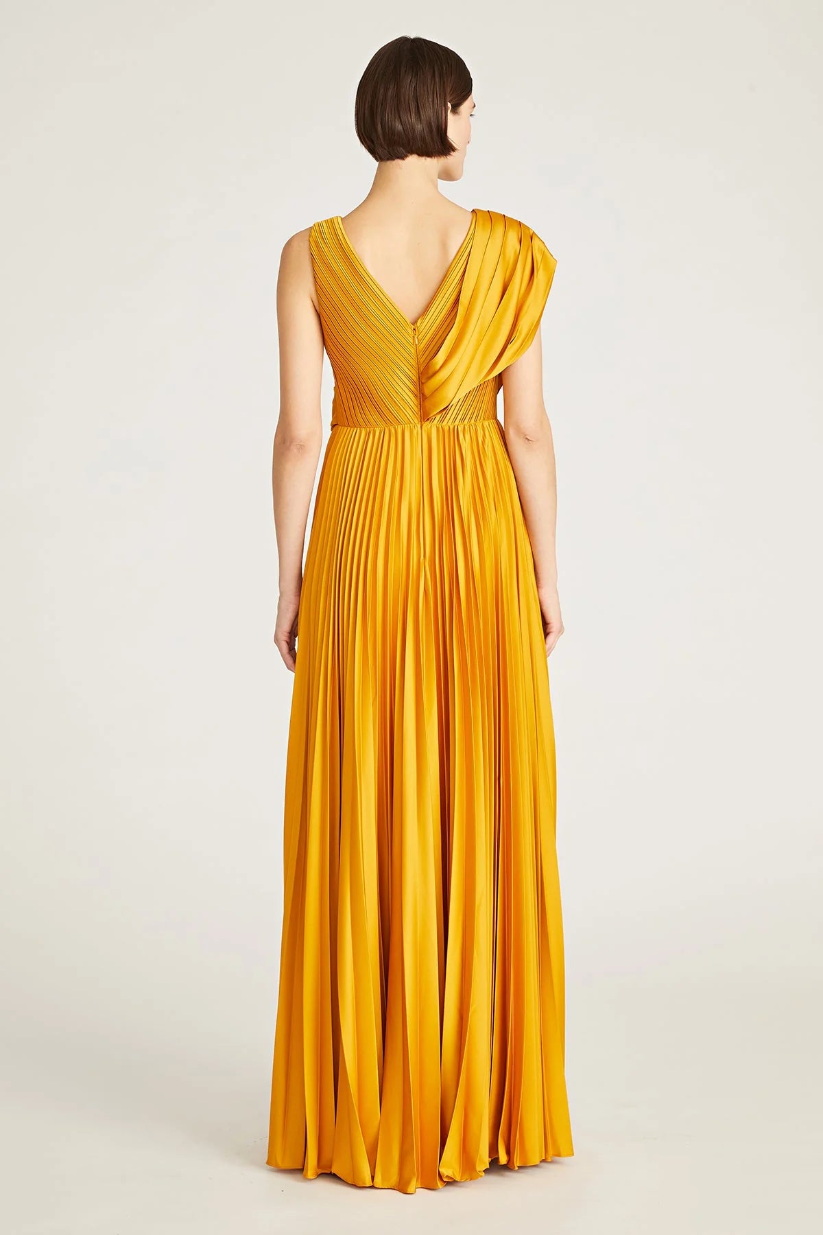 Elegant Satin A-Line V Neck Draped Pleated Floor Length Formal Evening Dress