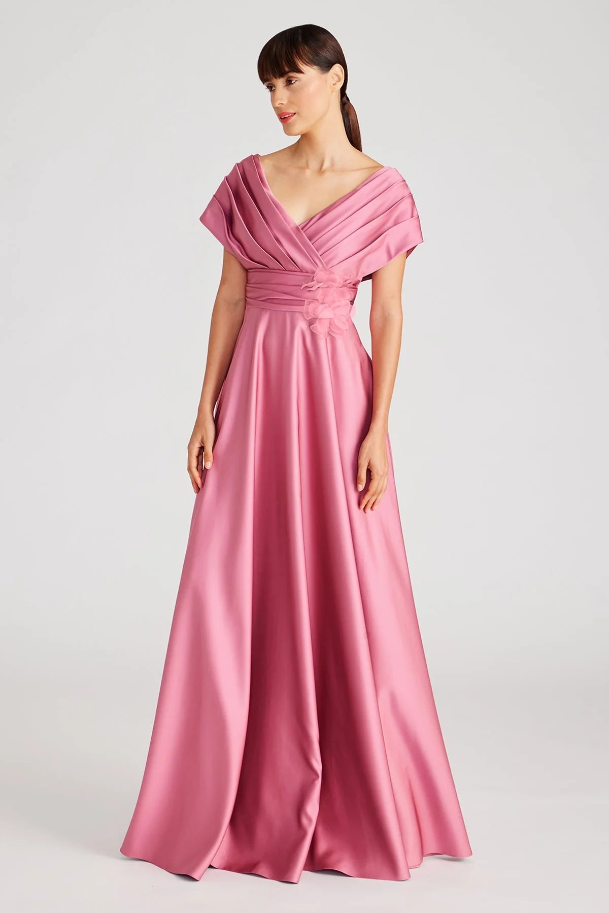 Elegant Satin A-Line V Neck Pleated Appliqué Floor Length Formal Evening Dress