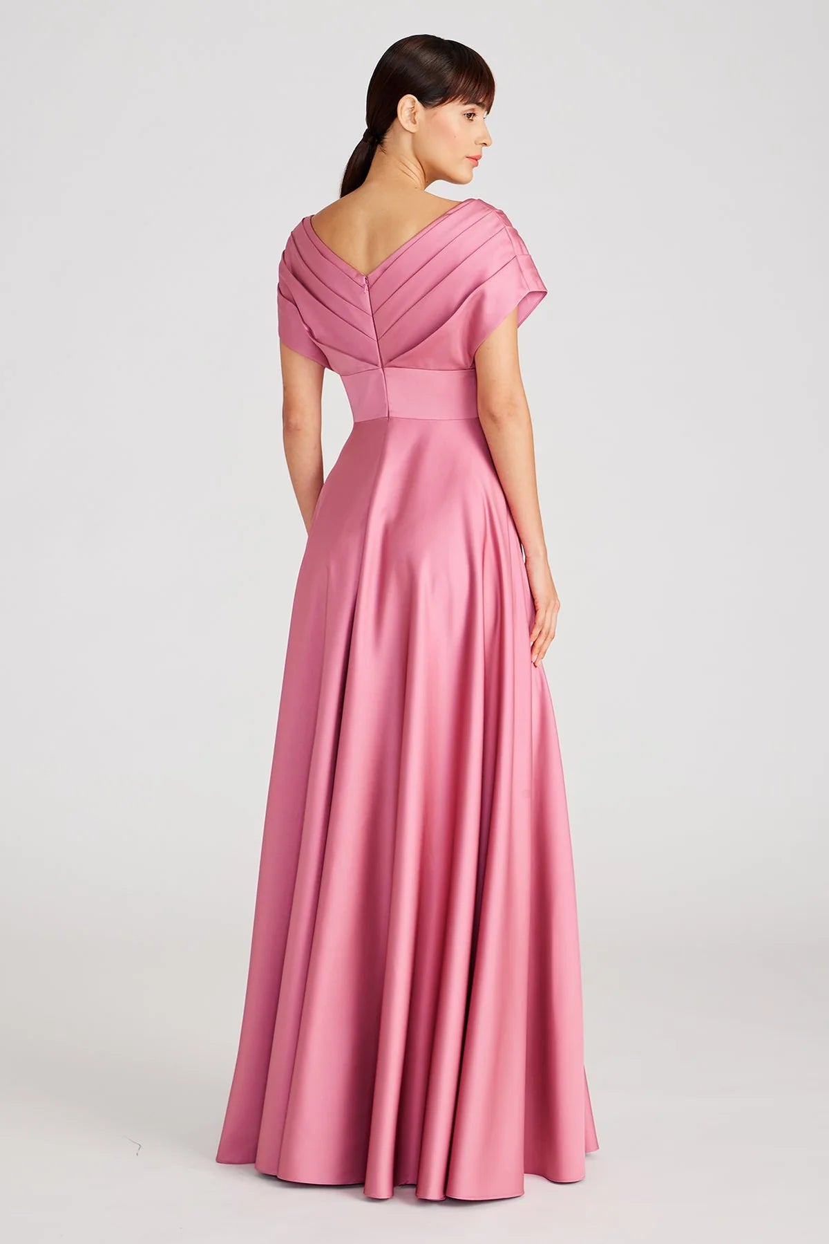 Elegant Satin A-Line V Neck Pleated Appliqué Floor Length Formal Evening Dress