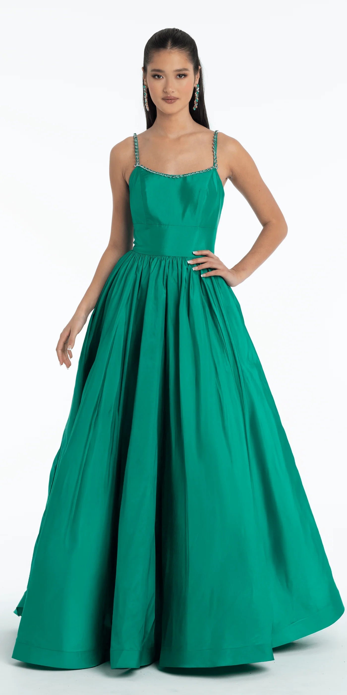 Elegant Satin Ball Gown Scoop Neck Spaghetti Strap Floor-Length Prom Dress with Beaded Straps for Formal Events