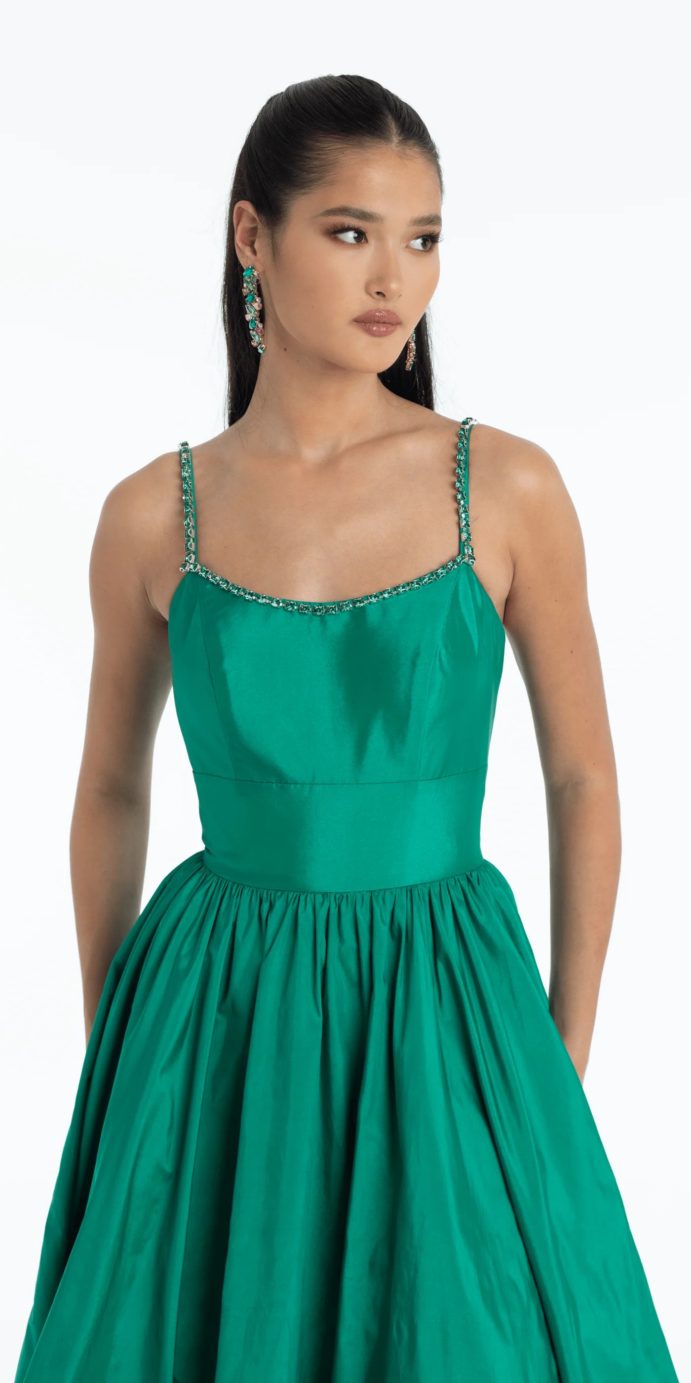 Elegant Satin Ball Gown Scoop Neck Spaghetti Strap Floor-Length Prom Dress with Beaded Straps for Formal Events