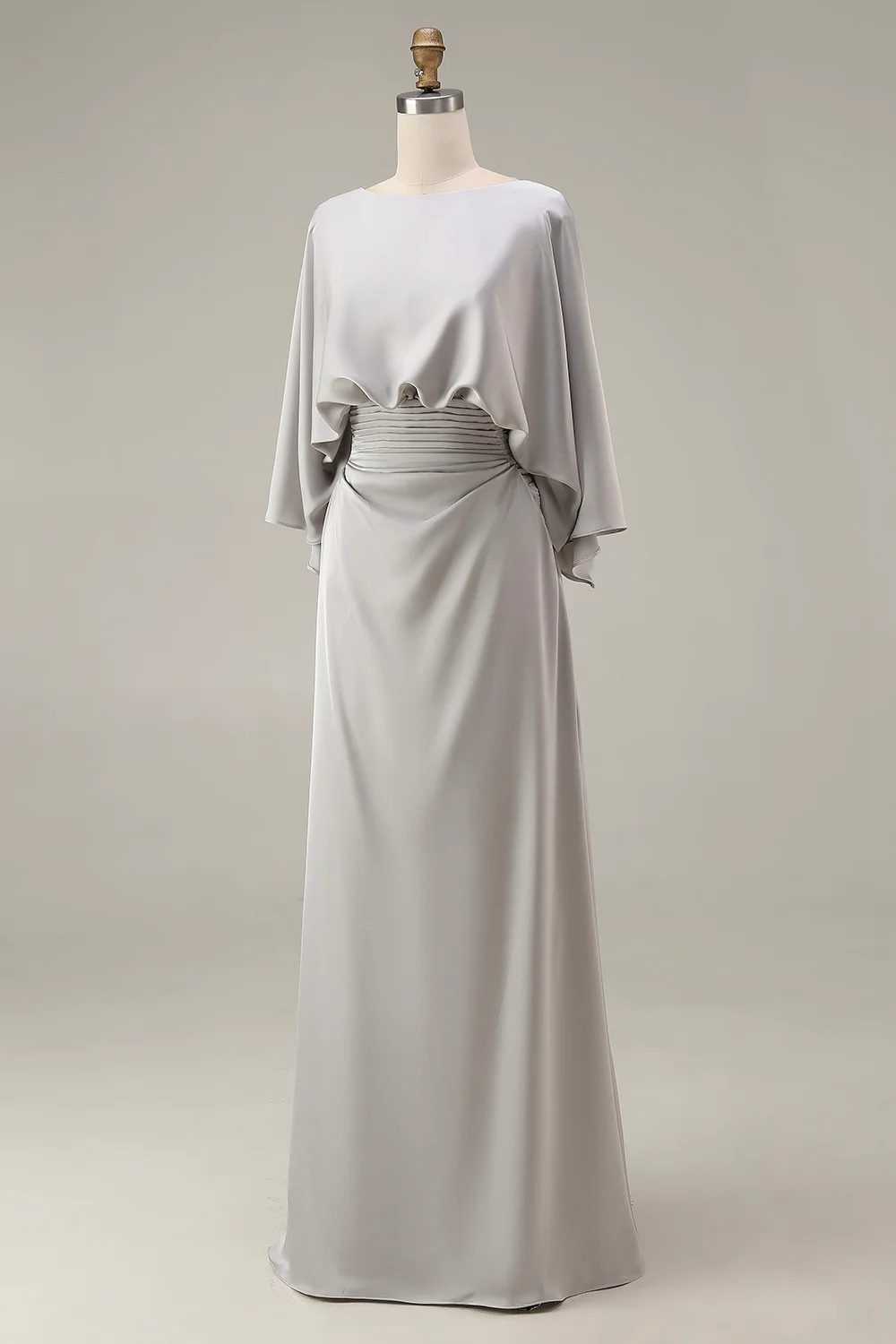 Elegant Satin Boat Neck Batwing Sleeve Ruched Waist Floor-Length Mother of the Bride Dress with Pockets