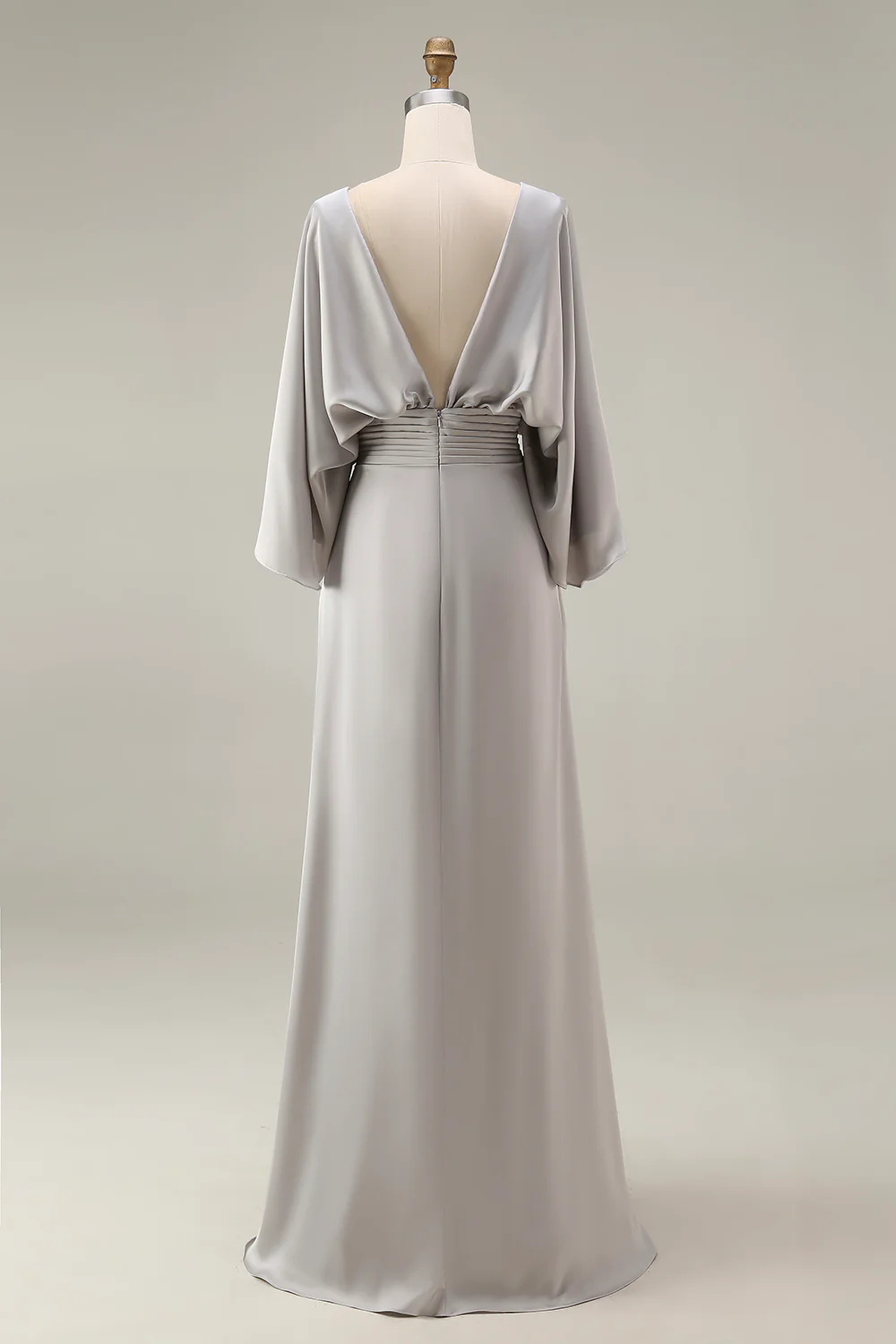 Elegant Satin Boat Neck Batwing Sleeve Ruched Waist Floor-Length Mother of the Bride Dress with Pockets