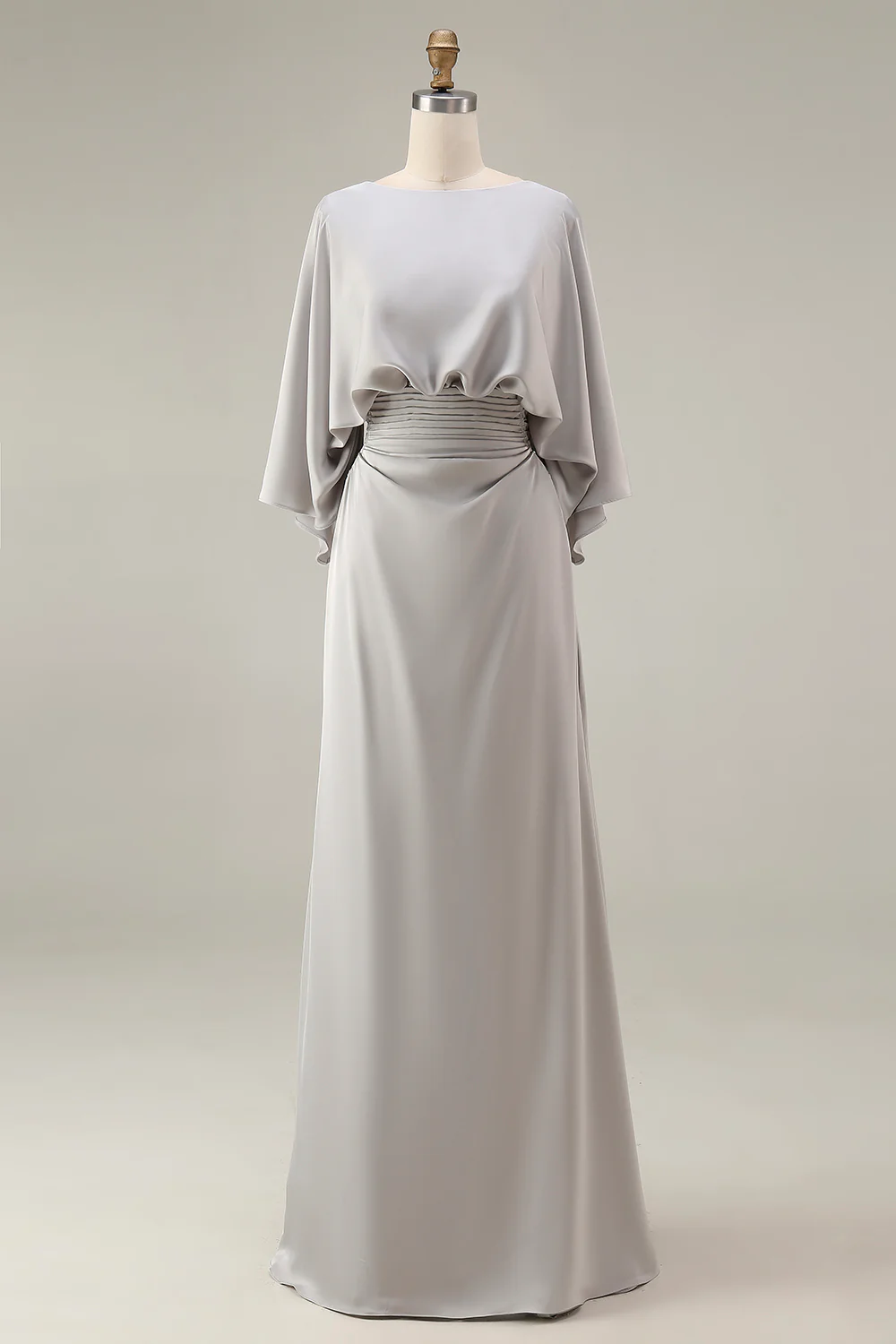 Elegant Satin Boat Neck Batwing Sleeve Ruched Waist Floor-Length Mother of the Bride Dress with Pockets