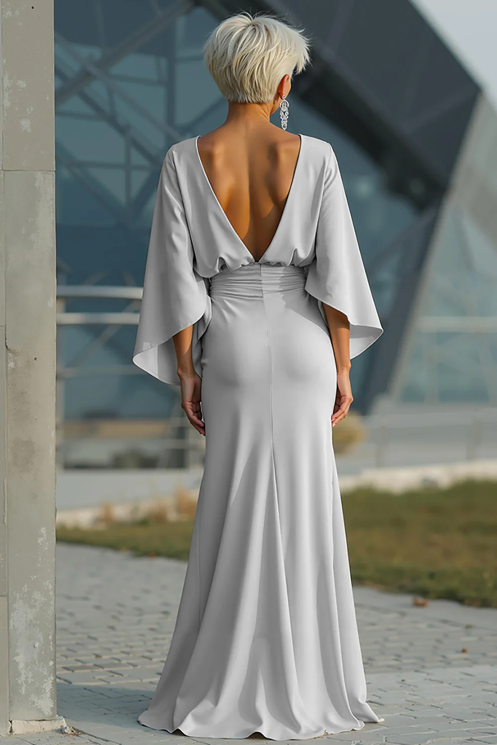 Elegant Satin Boat Neck Batwing Sleeve Ruched Waist Floor-Length Mother of the Bride Dress with Pockets