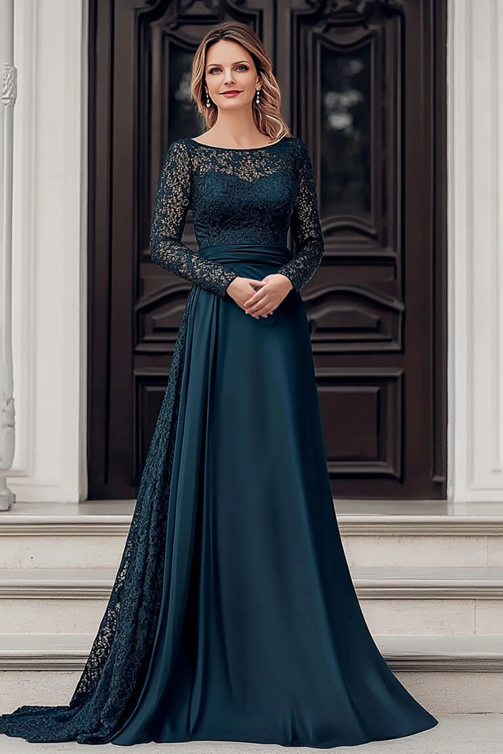 Elegant Satin Boat Neck Lace Long Sleeve Ruched Waist Floor-Length Mother of the Bride Dress with Train