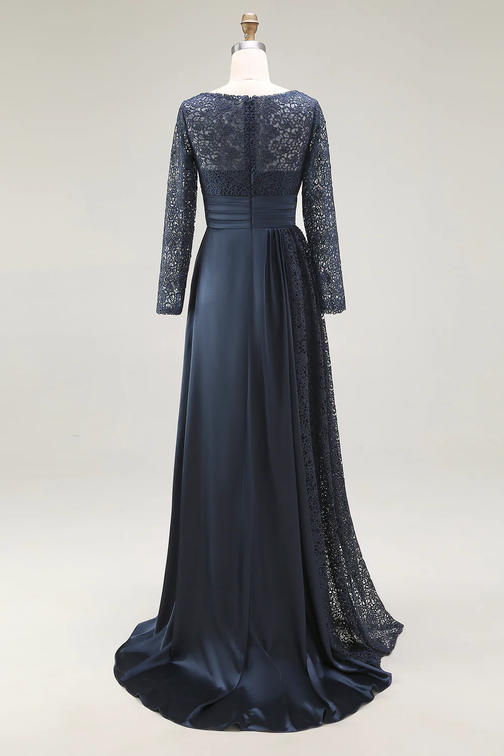 Elegant Satin Boat Neck Lace Long Sleeve Ruched Waist Floor-Length Mother of the Bride Dress with Train