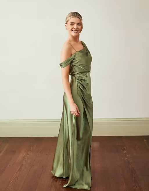 Elegant Satin Bridesmaid Dress Asymmetrical Neck Off-Shoulder Sleeveless Ruched Floor-Length
