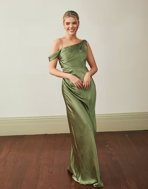 Elegant Satin Bridesmaid Dress Asymmetrical Neck Off-Shoulder Sleeveless Ruched Floor-Length