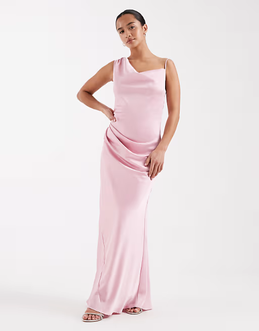 Elegant Satin Bridesmaid Dress Asymmetrical Neck Single Strap Ruched Floor-Length