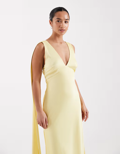 Elegant Satin Bridesmaid Dress Deep V-Neck Sleeveless Crisscross Back Capelet Floor-Length