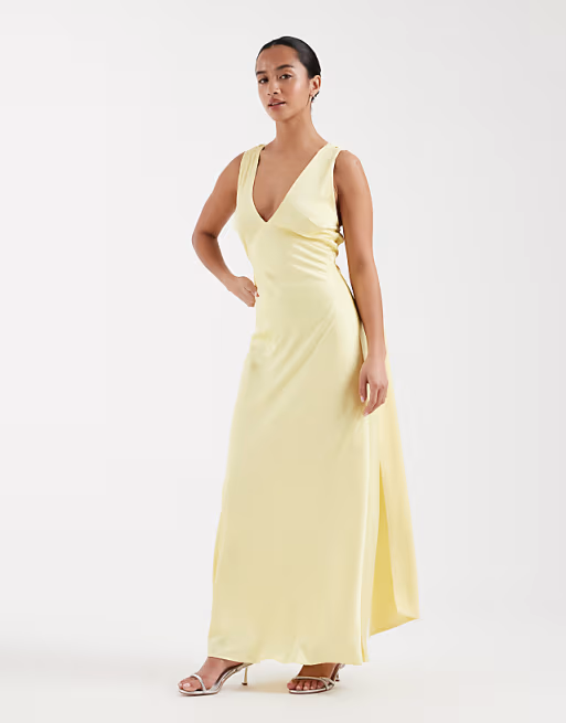 Elegant Satin Bridesmaid Dress Deep V-Neck Sleeveless Crisscross Back Capelet Floor-Length