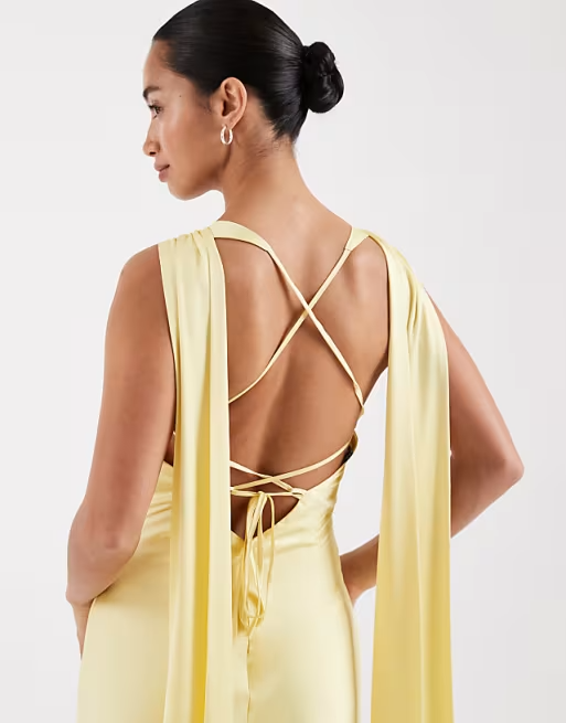 Elegant Satin Bridesmaid Dress Deep V-Neck Sleeveless Crisscross Back Capelet Floor-Length