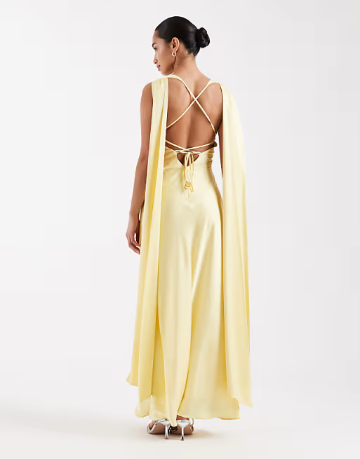 Elegant Satin Bridesmaid Dress Deep V-Neck Sleeveless Crisscross Back Capelet Floor-Length