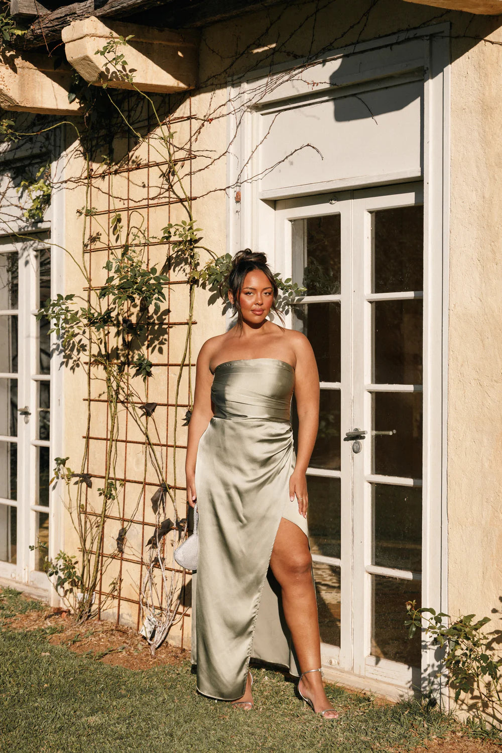 Elegant Satin Column Strapless Ruched Bodice Sleeveless Smocked Back Slit Maxi Evening Dress