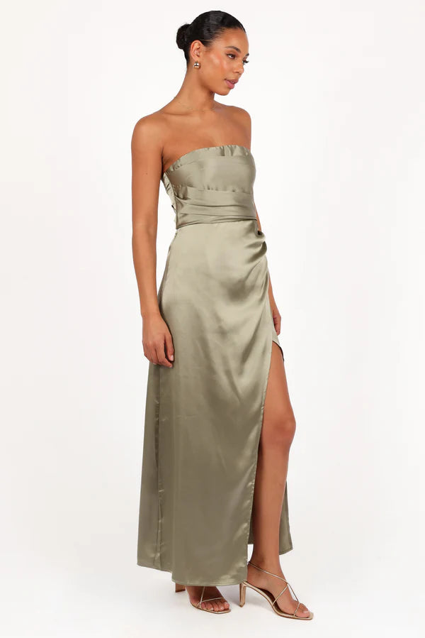 Elegant Satin Column Strapless Ruched Bodice Sleeveless Smocked Back Slit Maxi Evening Dress