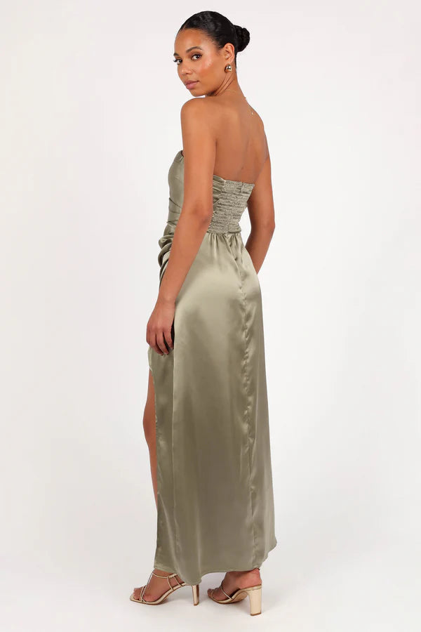 Elegant Satin Column Strapless Ruched Bodice Sleeveless Smocked Back Slit Maxi Evening Dress