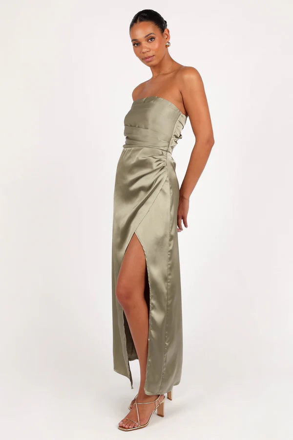 Elegant Satin Column Strapless Ruched Bodice Sleeveless Smocked Back Slit Maxi Evening Dress