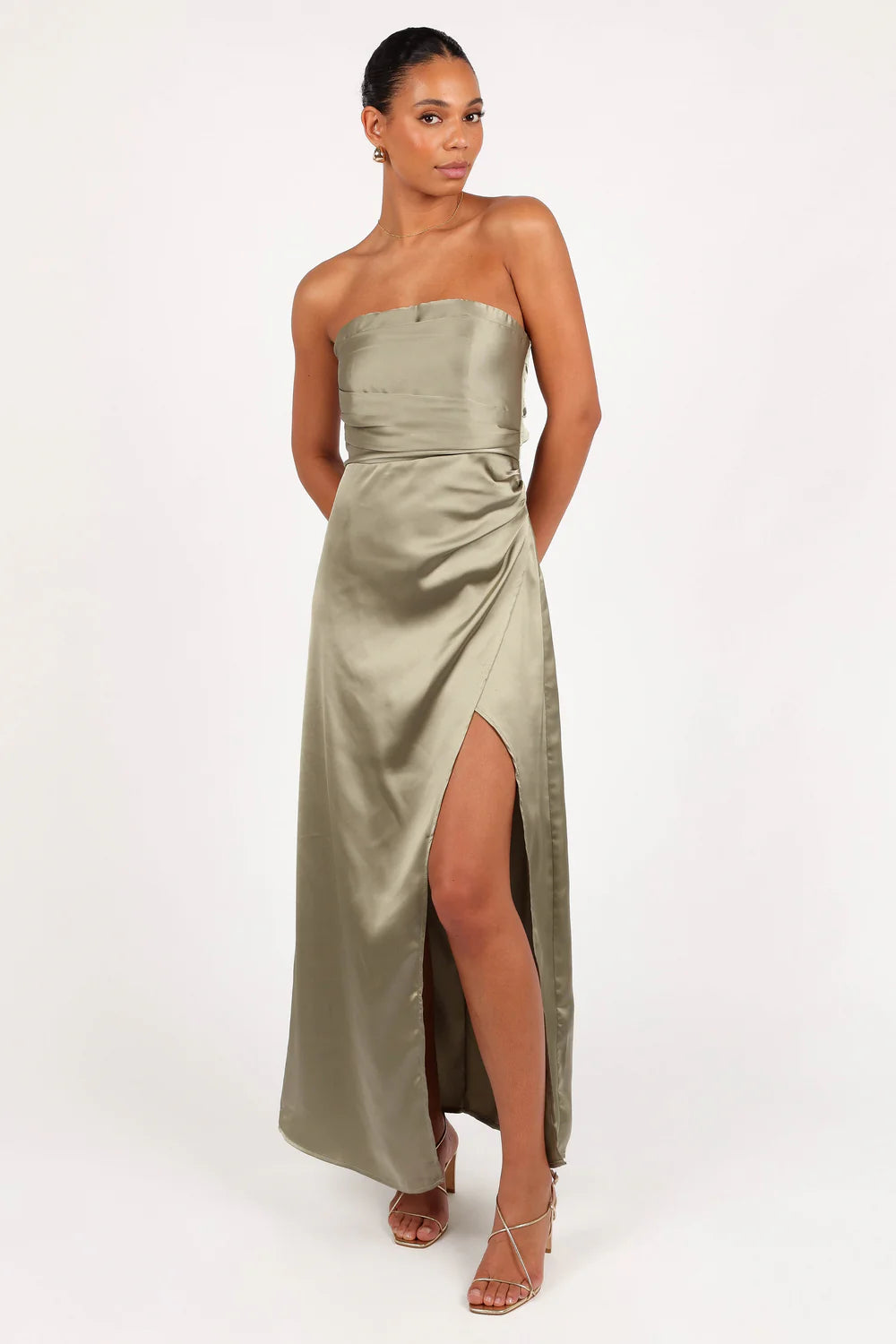 Elegant Satin Column Strapless Ruched Bodice Sleeveless Smocked Back Slit Maxi Evening Dress