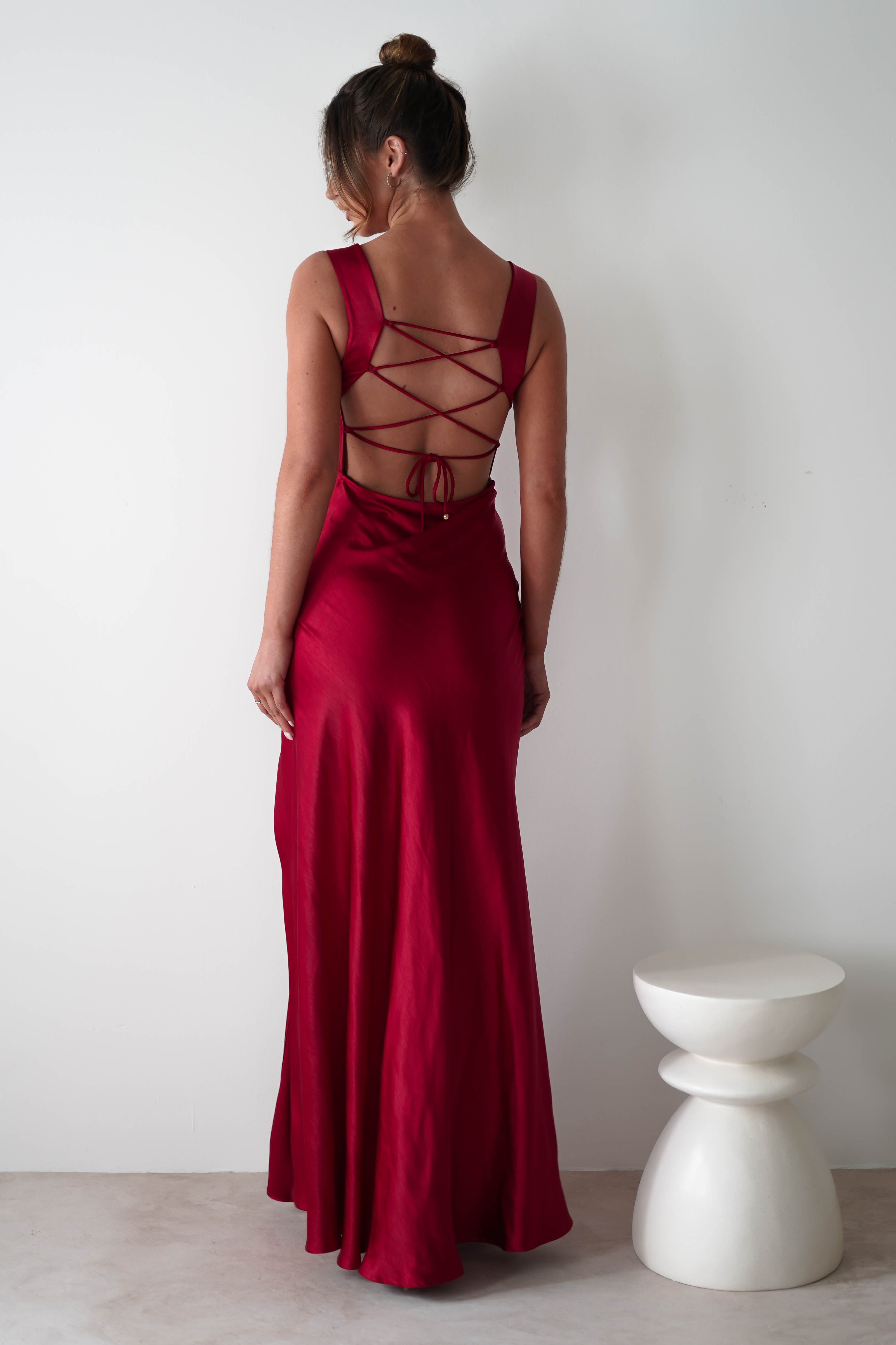 Elegant Satin Cowl-Neck Wide-Strap Lace-Up Back Prom Dresses