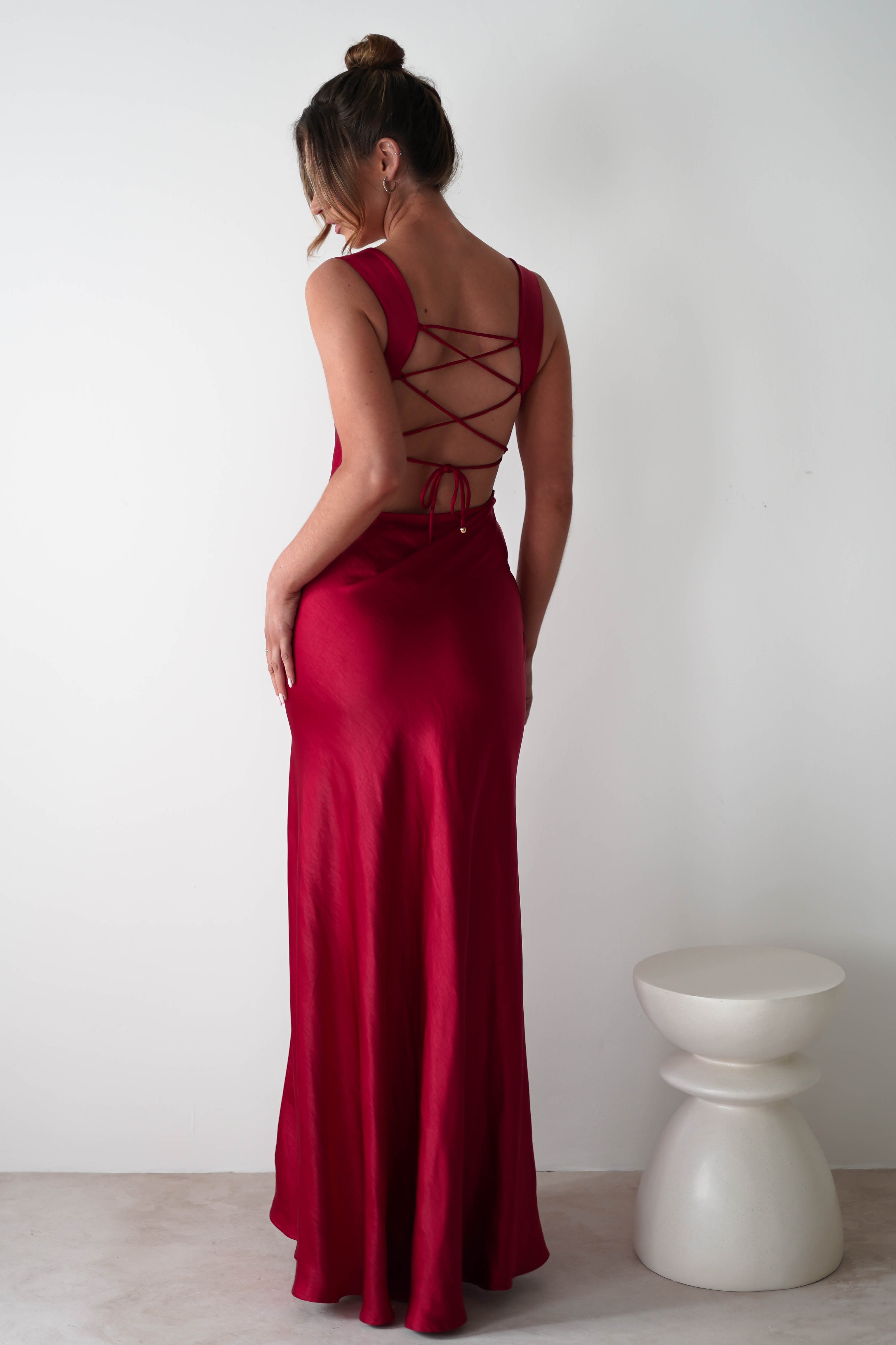 Elegant Satin Cowl-Neck Wide-Strap Lace-Up Back Prom Dresses