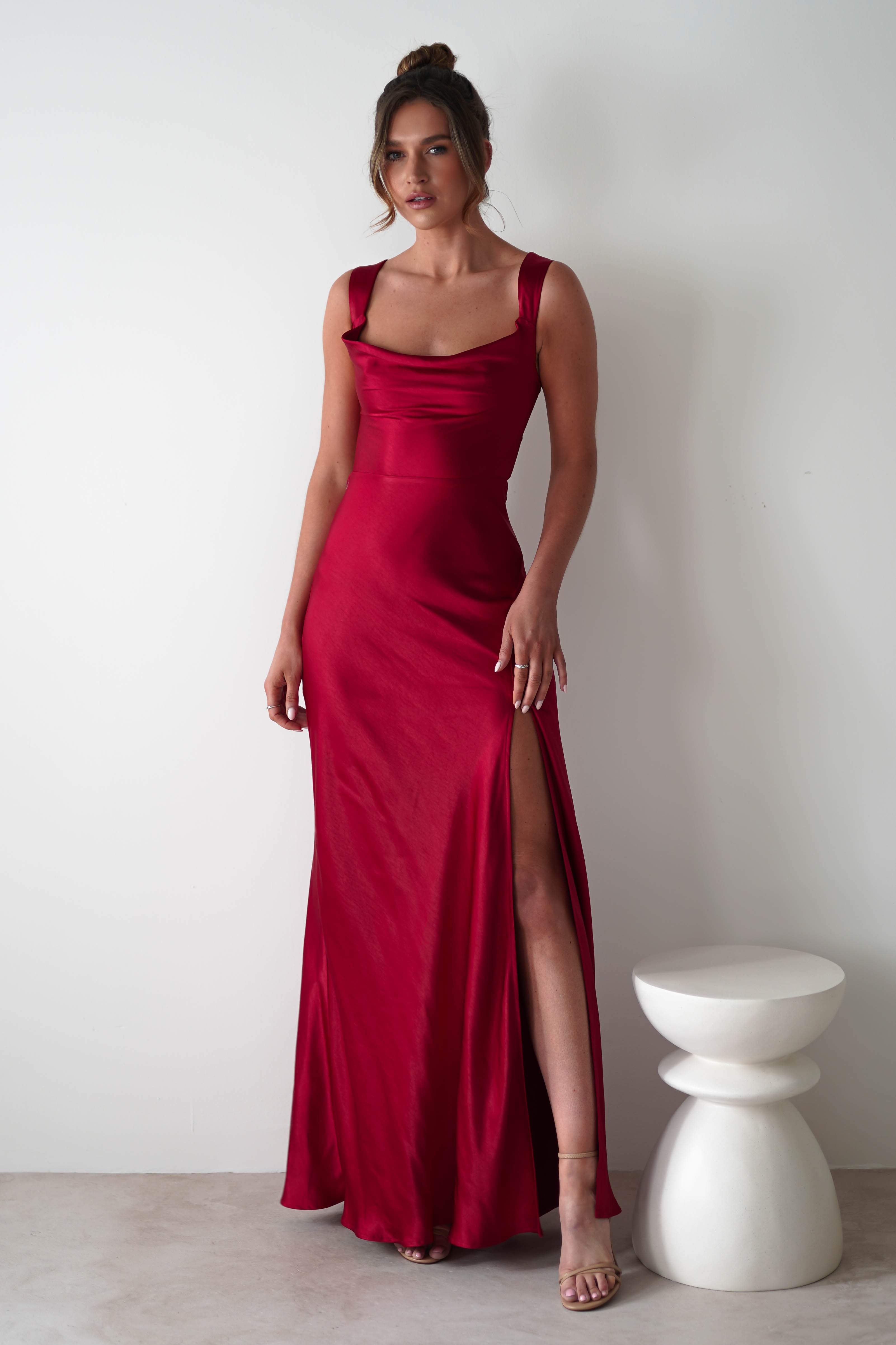 Elegant Satin Cowl-Neck Wide-Strap Lace-Up Back Prom Dresses