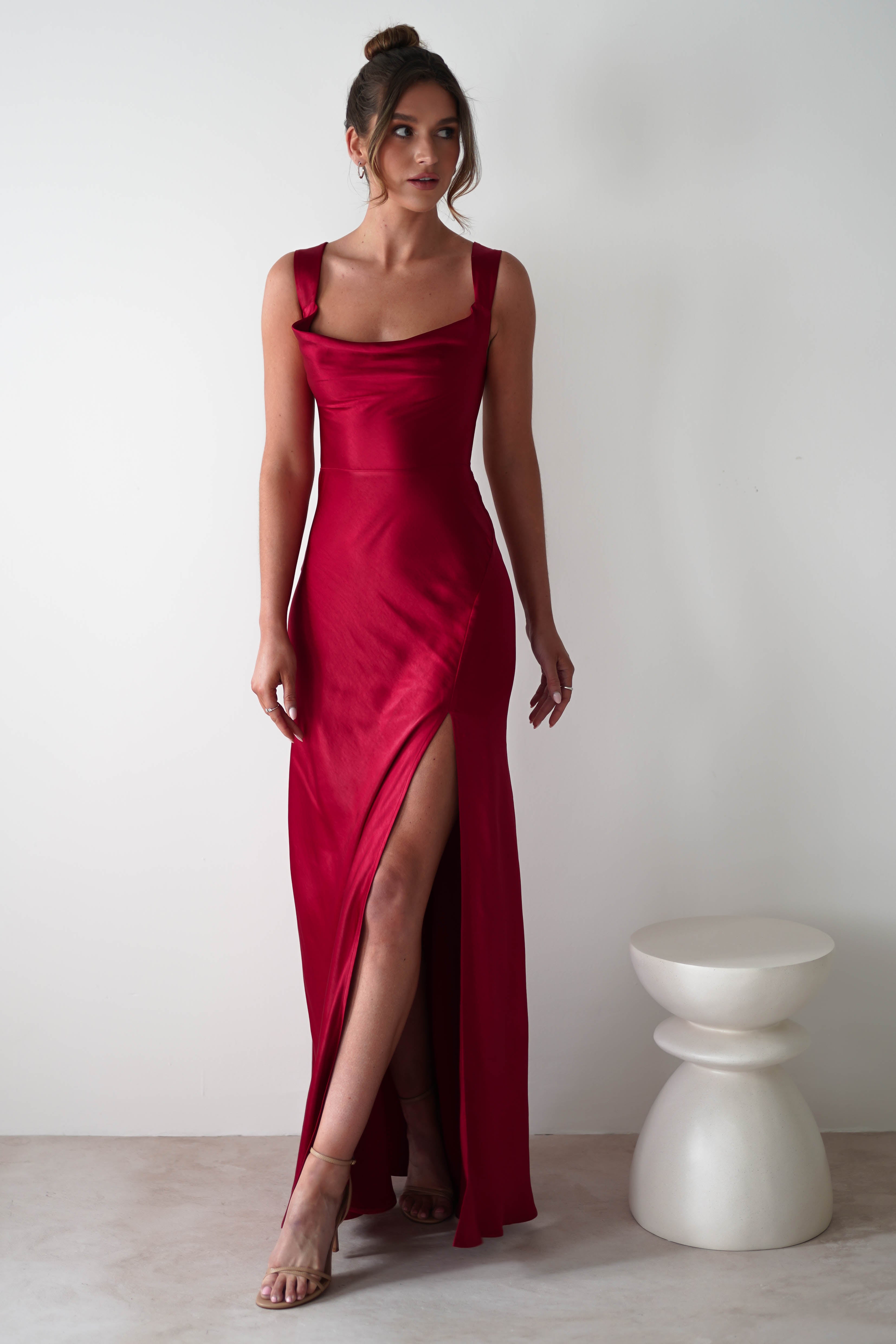 Elegant Satin Cowl-Neck Wide-Strap Lace-Up Back Prom Dresses