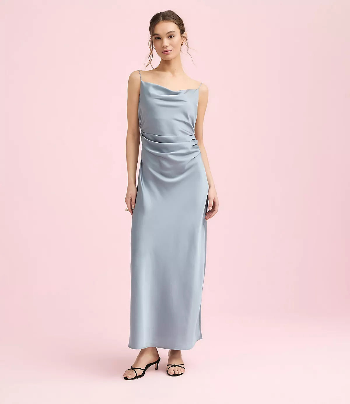 Elegant Satin Cowl Neck Ruched Back Tie Midi Formal Evening Dress