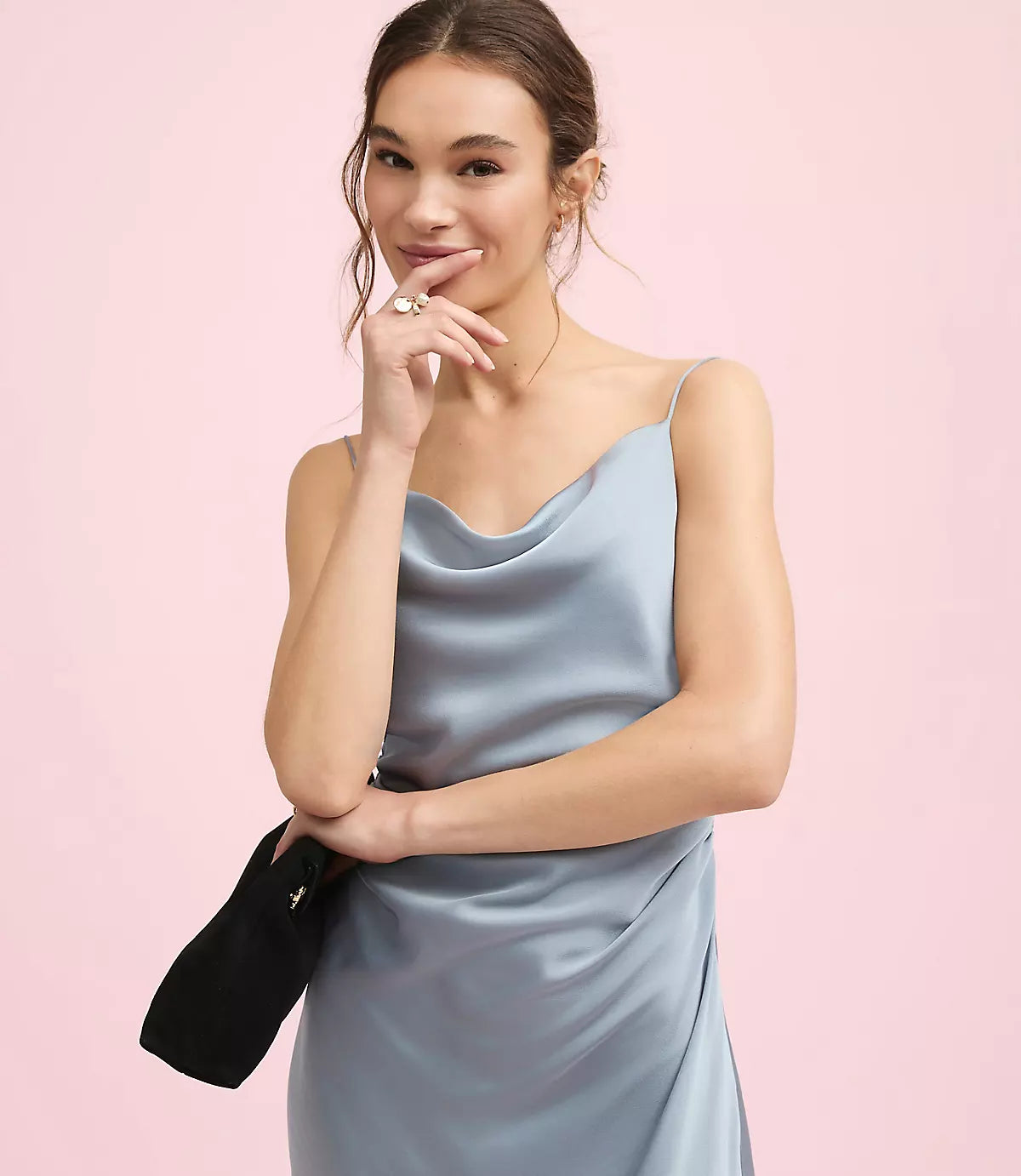 Elegant Satin Cowl Neck Ruched Back Tie Midi Formal Evening Dress