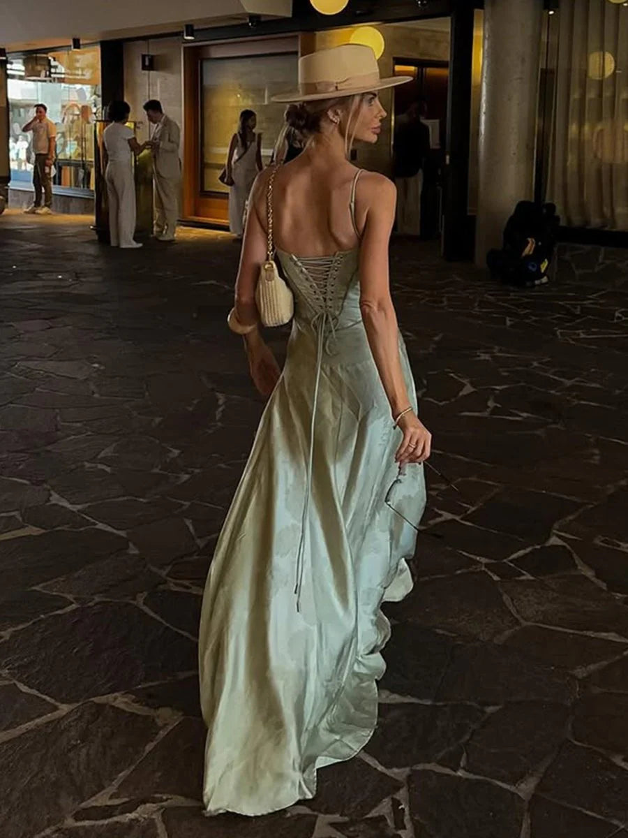 Elegant Satin Floral Jacquard A-Line Spaghetti Straps Corset Back Floor-Length Evening Dress