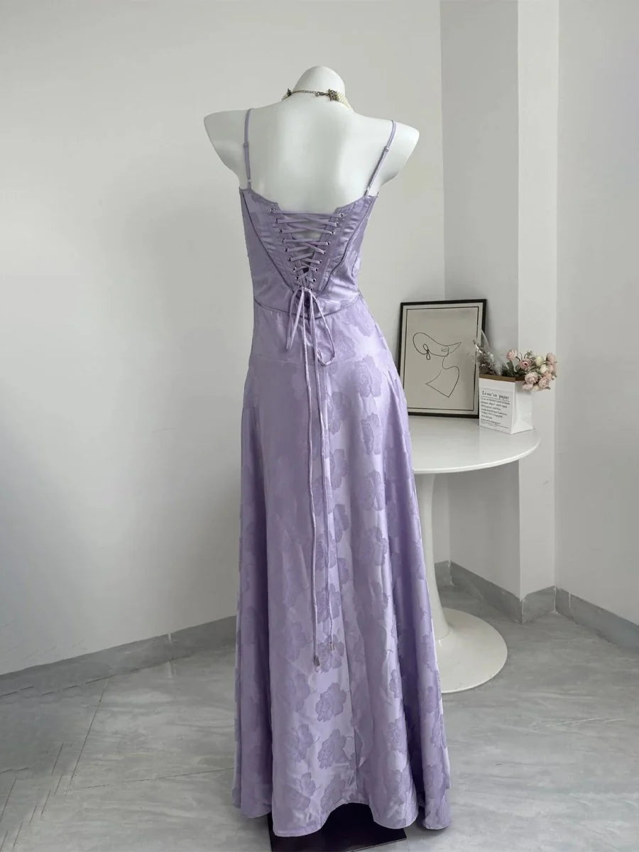 Elegant Satin Floral Jacquard A-Line Spaghetti Straps Corset Back Floor-Length Evening Dress