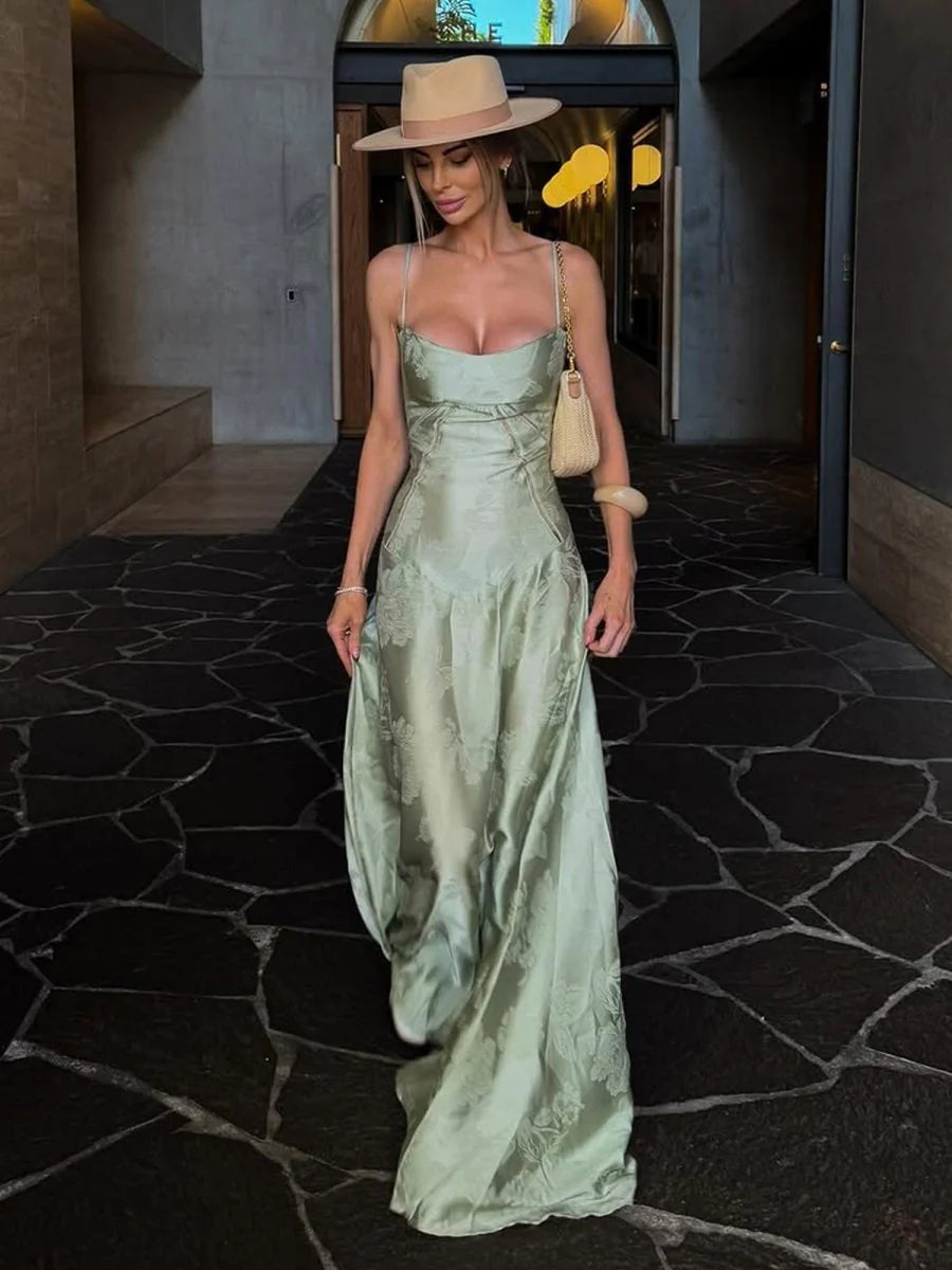 Elegant Satin Floral Jacquard A-Line Spaghetti Straps Corset Back Floor-Length Evening Dress