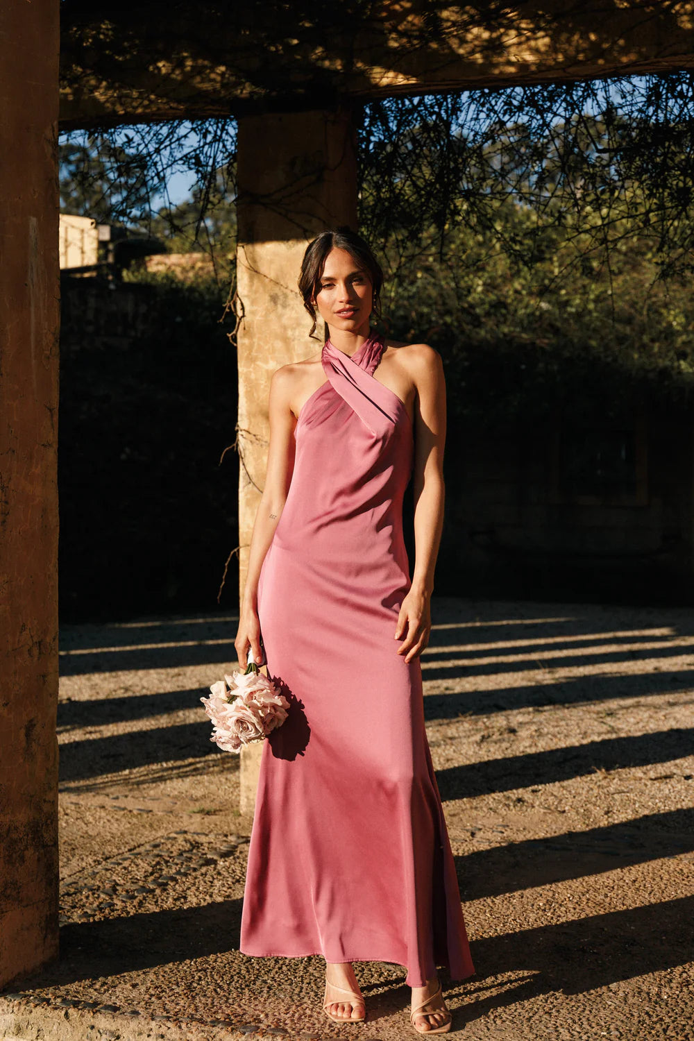 Elegant Satin Halter Neck Sleeveless Open Back Floor Length Evening Dress