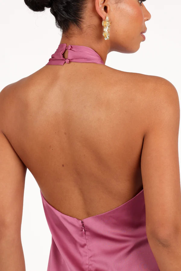Elegant Satin Halter Neck Sleeveless Open Back Floor Length Evening Dress