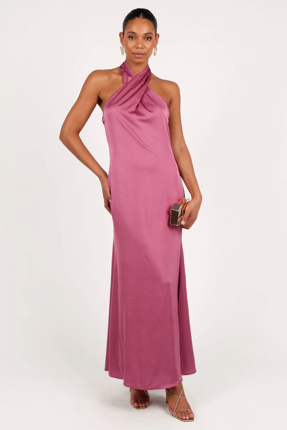 Elegant Satin Halter Neck Sleeveless Open Back Floor Length Evening Dress