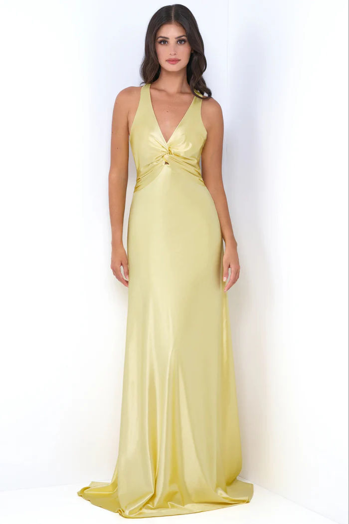 Elegant Satin Halter Neck Twisted Waist Cutout Back Bow Detail Maxi Prom Dress