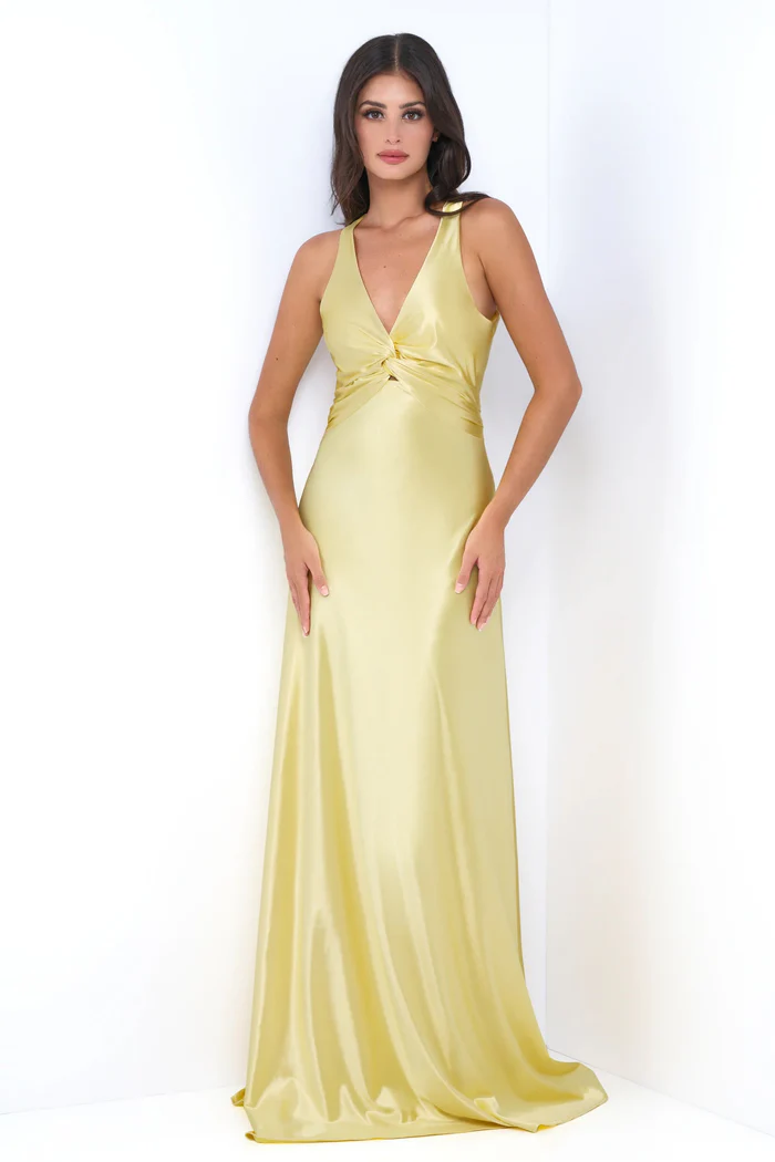 Elegant Satin Halter Neck Twisted Waist Cutout Back Bow Detail Maxi Prom Dress