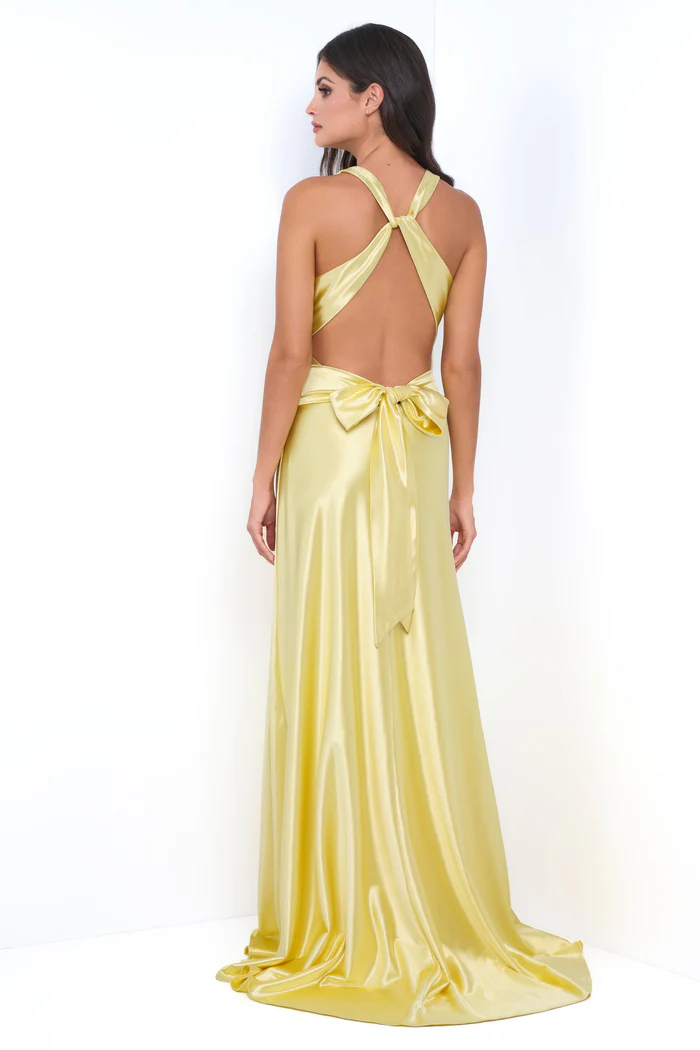 Elegant Satin Halter Neck Twisted Waist Cutout Back Bow Detail Maxi Prom Dress