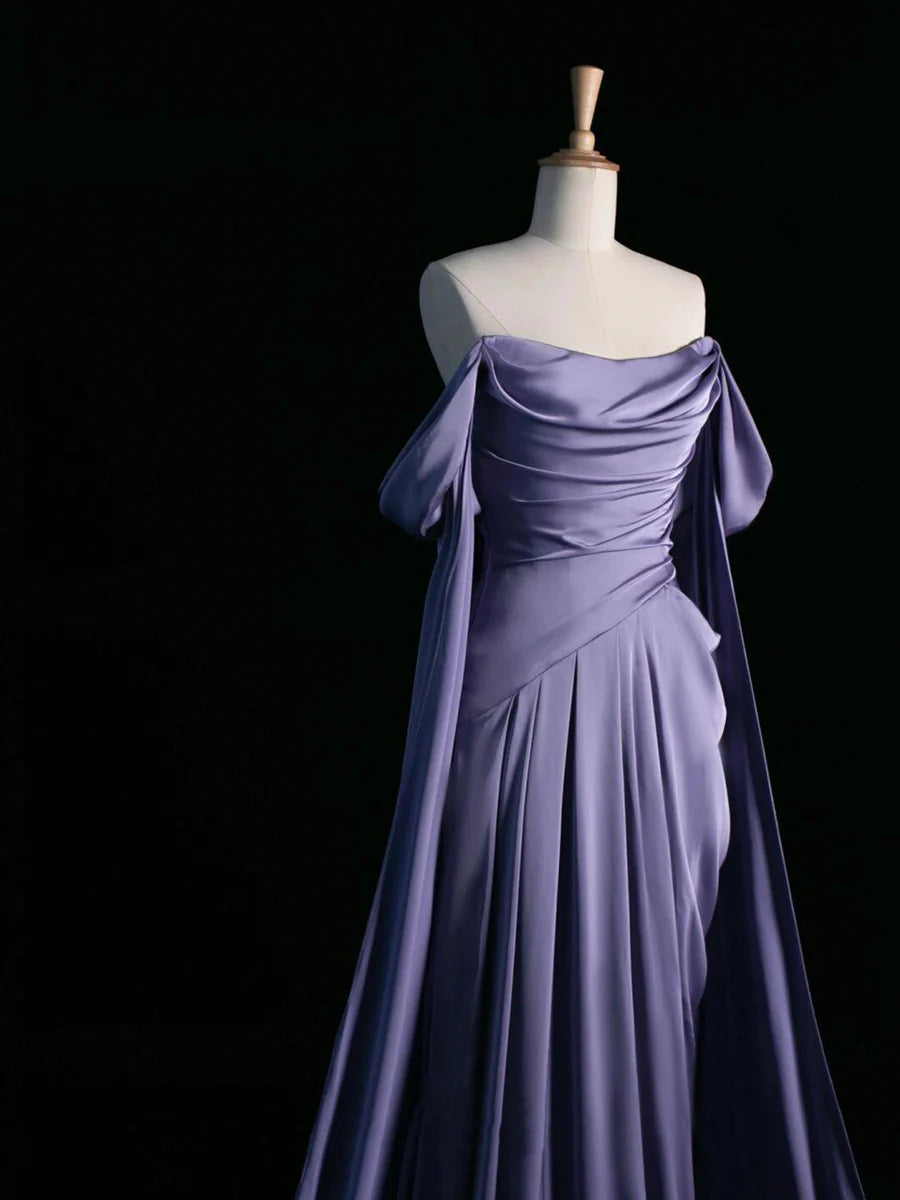 Elegant Satin Long Prom Dress, Purple Draped Bodice Formal Party Dress