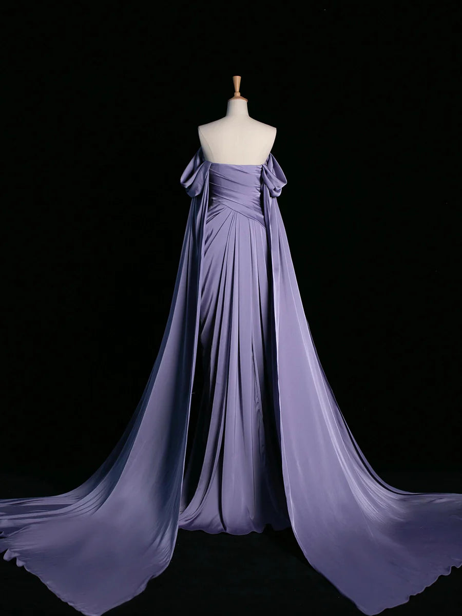 Elegant Satin Long Prom Dress, Purple Draped Bodice Formal Party Dress