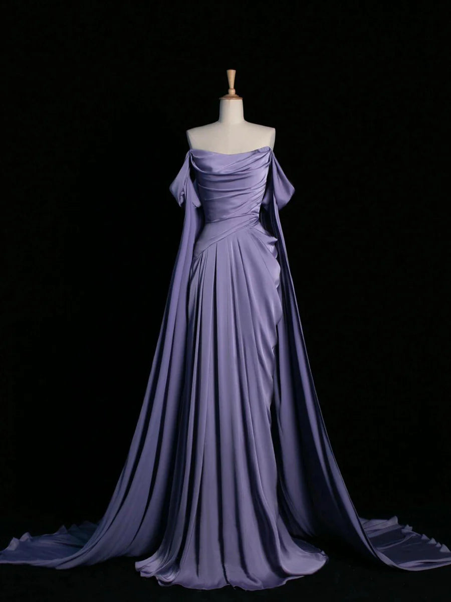 Elegant Satin Long Prom Dress, Purple Draped Bodice Formal Party Dress