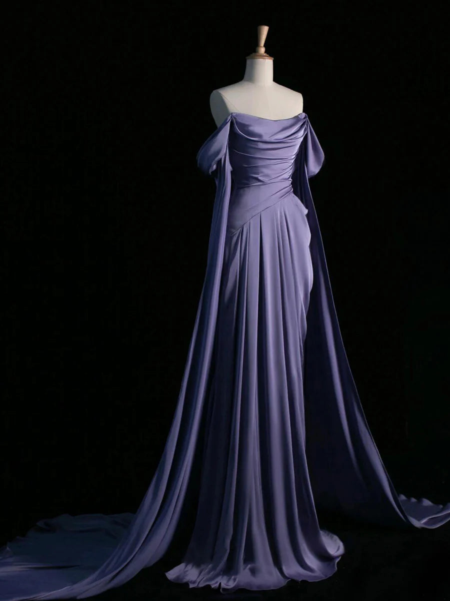 Elegant Satin Long Prom Dress, Purple Draped Bodice Formal Party Dress