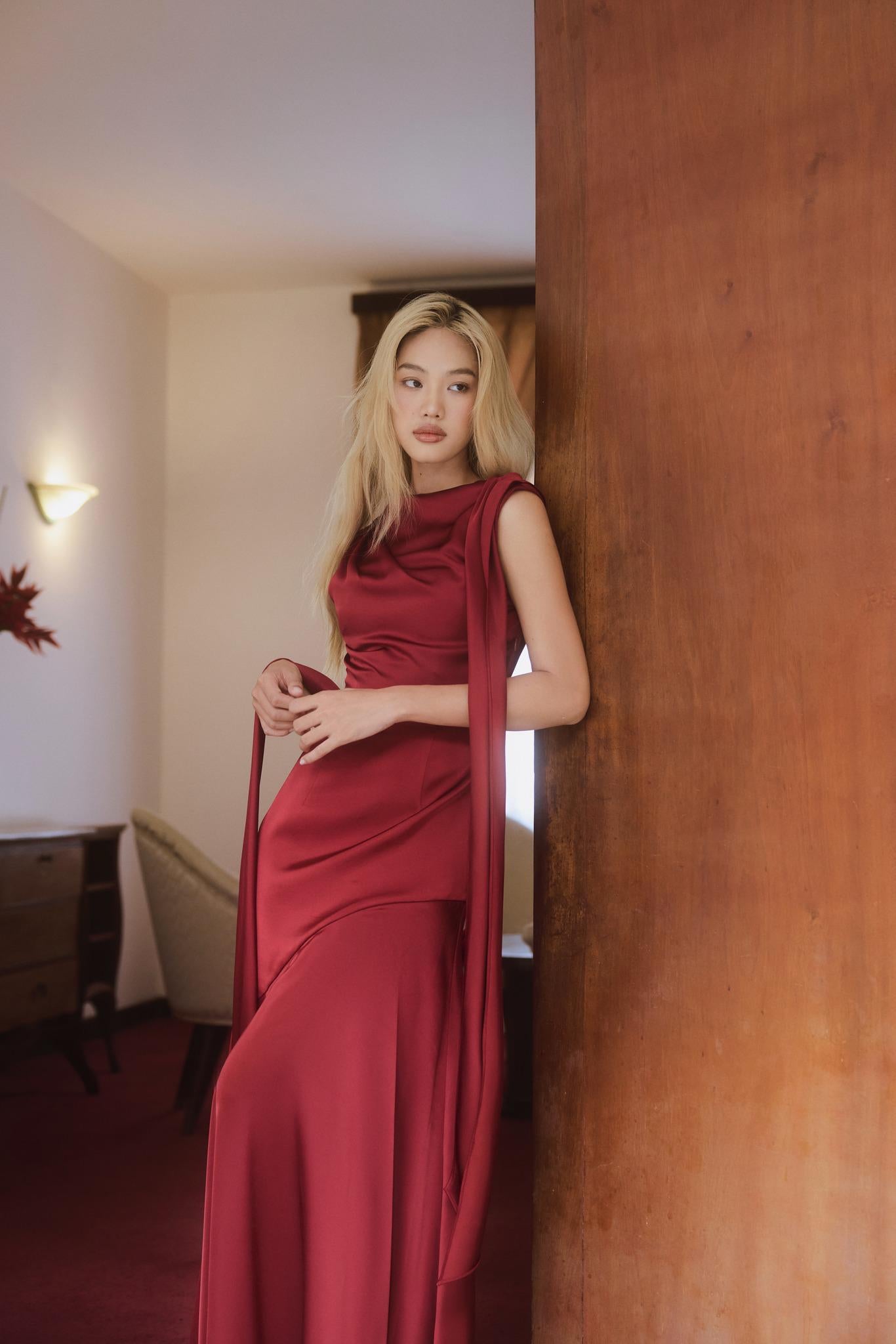 Elegant Satin Mermaid Asymmetric Neck Draped Sash Open Back Evening Dress